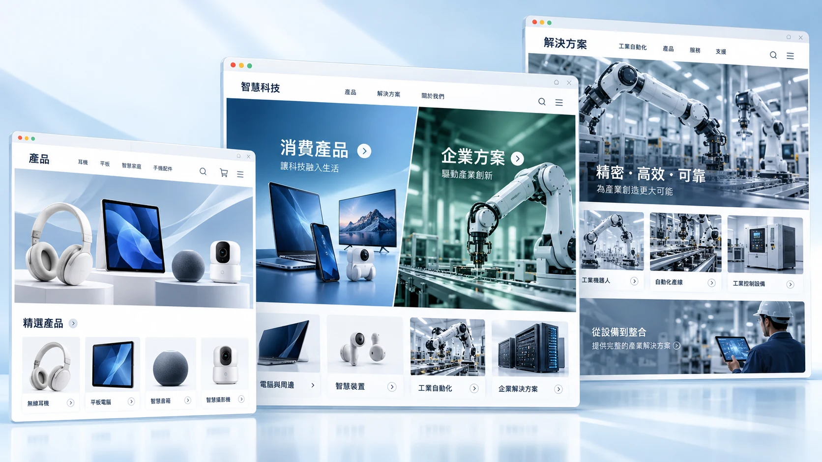 企業品牌官網群主視覺，呈現消費電子、智慧家電與工業科技的 B2C 與 B2B 網站設計
